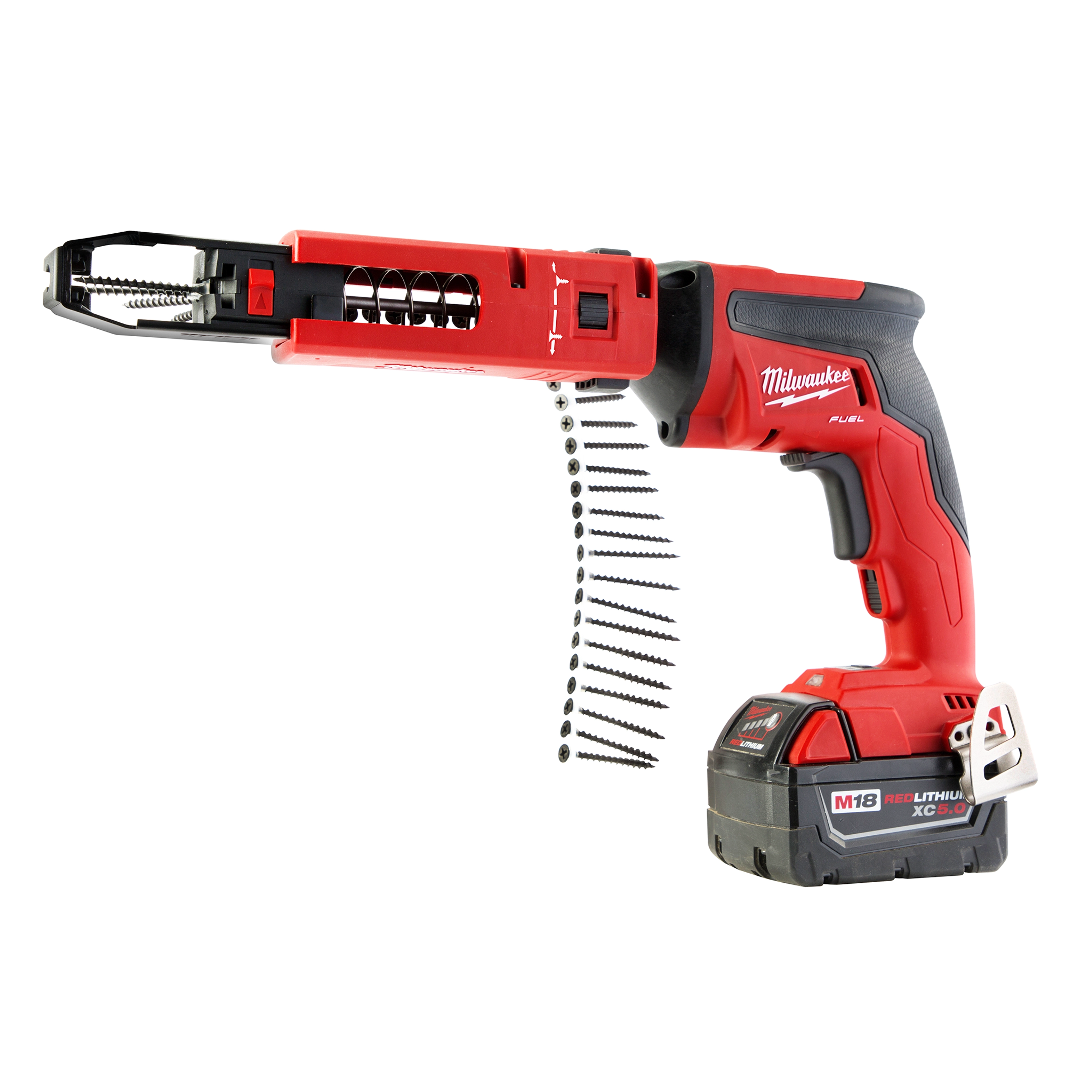 The Collator M18 FUEL Drywall Screw Gun Kit is a cordless red and black screw gun designed for efficient drywall installation. It features a long extension for quick screw placement and includes an M18 REDLITHIUM XC 5.0 battery pack.