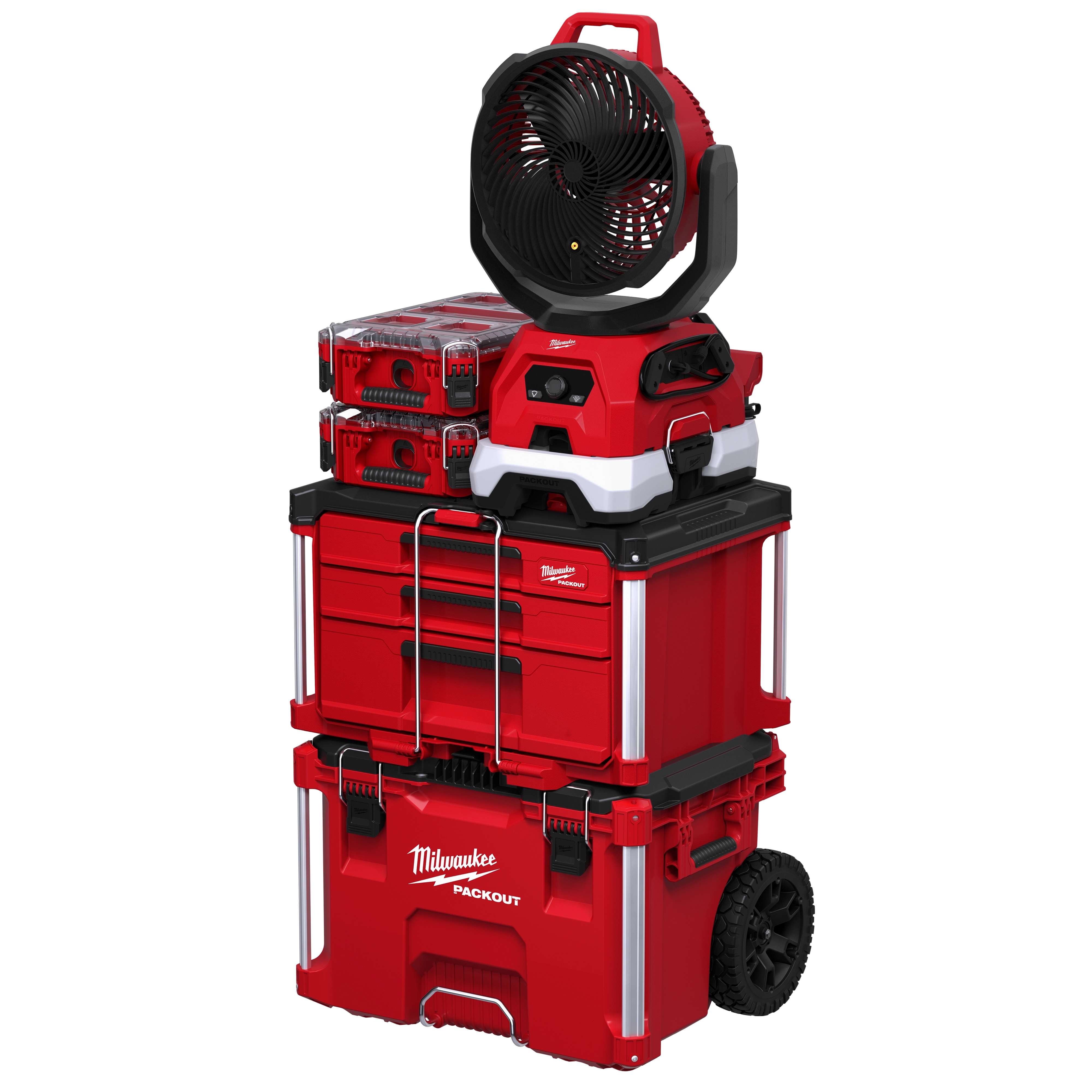 M18 Brushless 11’’ Oscillating Misting Fan + 1gal Water Tank stacked on red wheeled tool boxes.