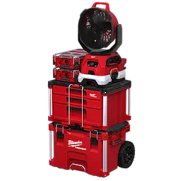M18 Brushless 11’’ Oscillating Misting Fan + 1gal Water Tank stacked on red wheeled tool boxes.