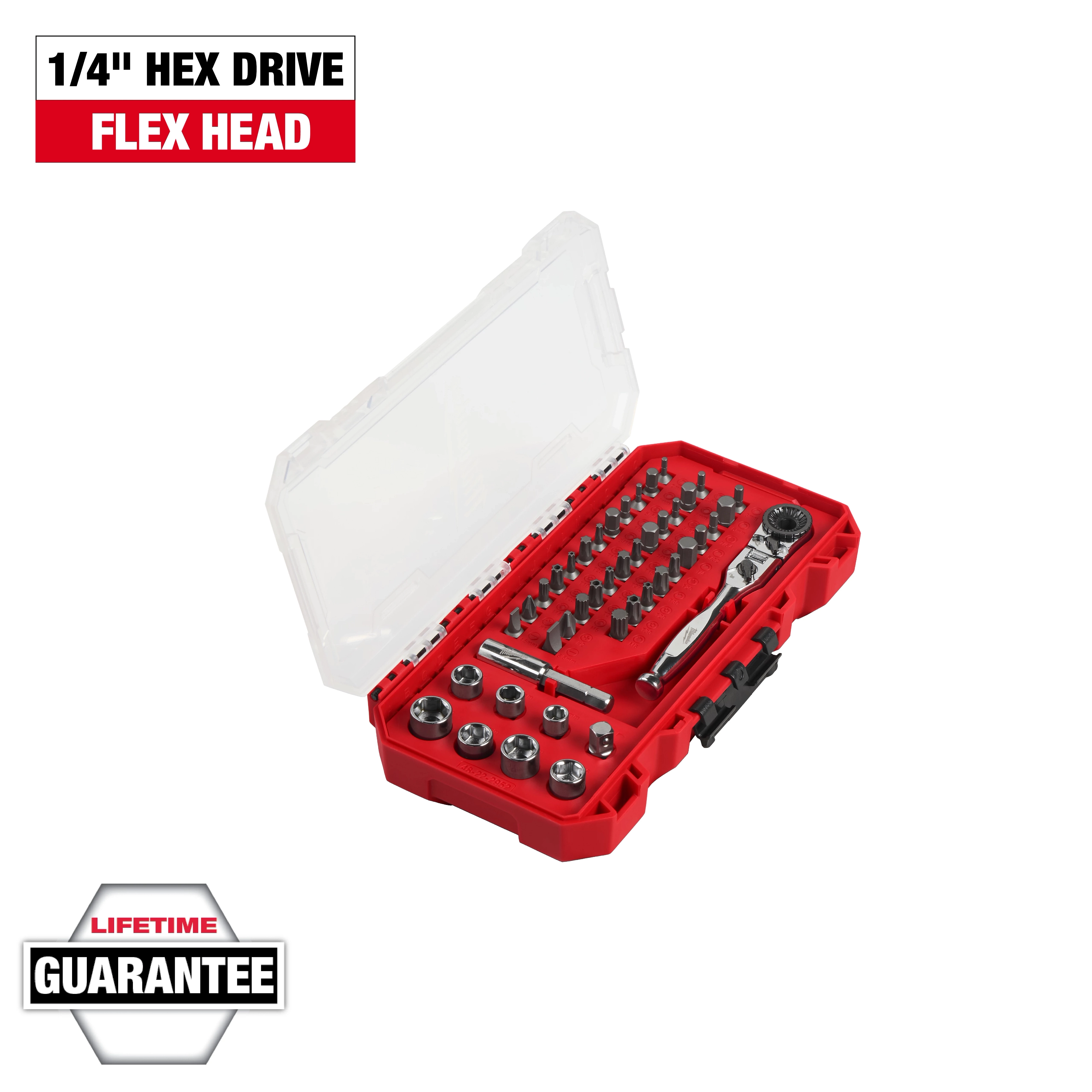 44pc. 1/4” Hex Drive Mini Flex Head Ratchet & Bit Set in an open red case with assorted bits and sockets.