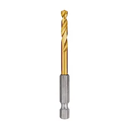The Red Helix Titanium Impact Drill Bit features a gold-colored titanium finish and a silver hex shank. It is designed for durability and precision in drilling tasks.
