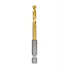 The Red Helix Titanium Impact Drill Bit features a gold-colored titanium finish and a silver hex shank. It is designed for durability and precision in drilling tasks.