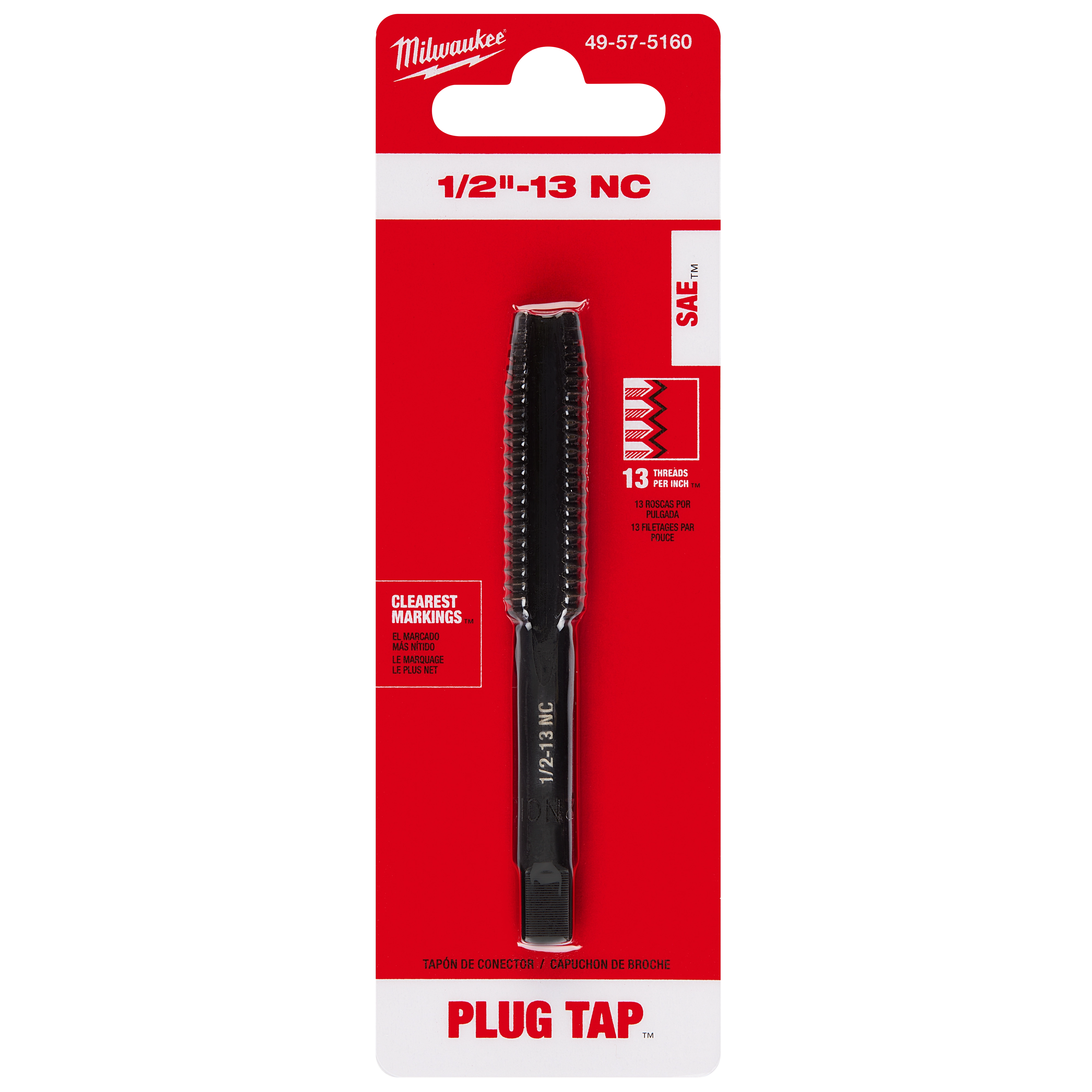 1/2"-13 NC Straight Flute Plug Tap in black, packaged in a red and white blister card, with detailed product markings and specifications.