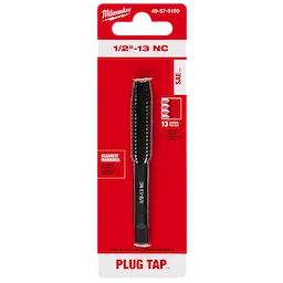 1/2"-13 NC Straight Flute Plug Tap in black, packaged in a red and white blister card, with detailed product markings and specifications.
