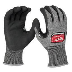 Cut Level 4 High-Dexterity Nitrile Dipped Gloves in XL size, featuring black palms and gray material with a red size label on the back.