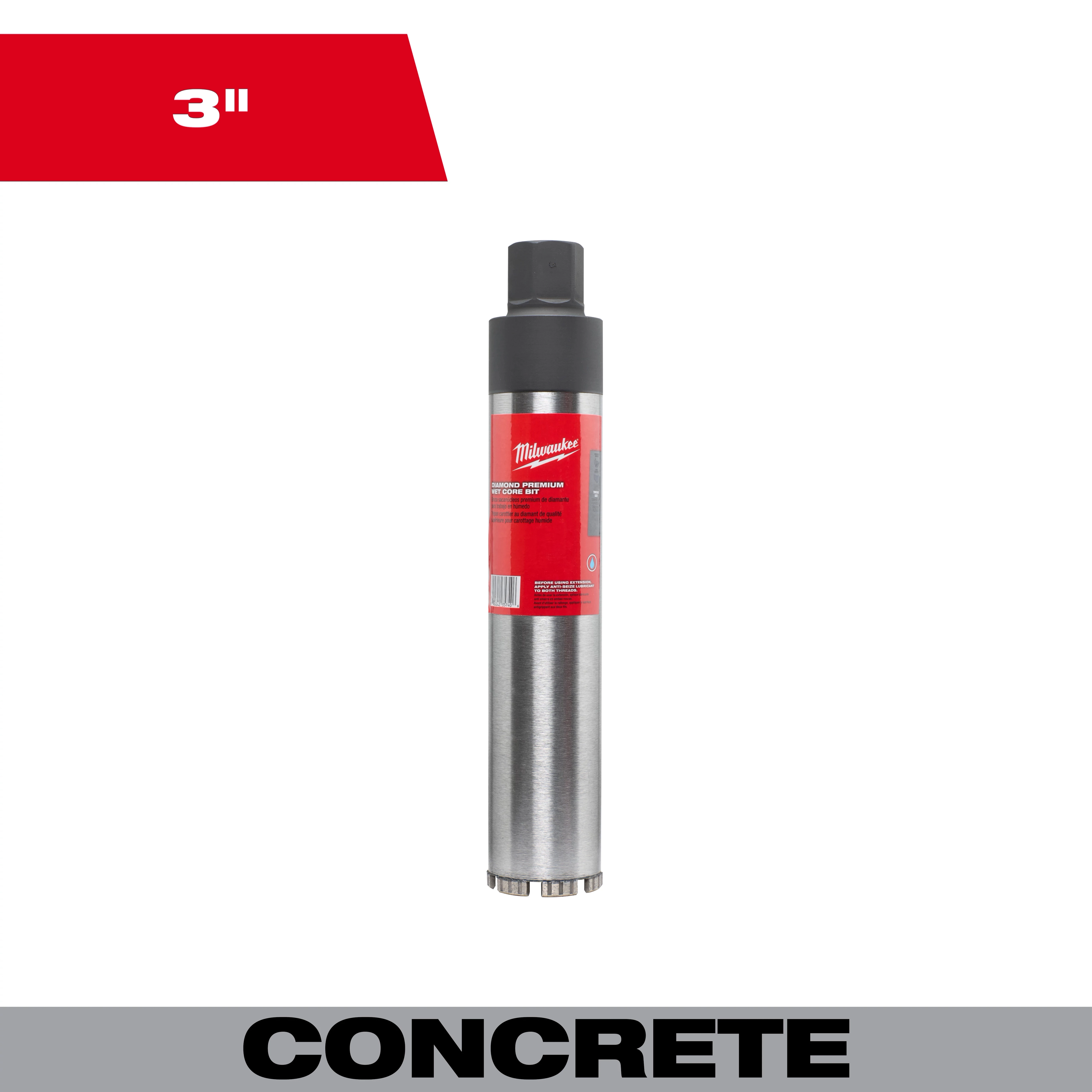 3" Diamond Premium Wet Core Bit with a stainless steel body, red label, and black top section for drilling into concrete.