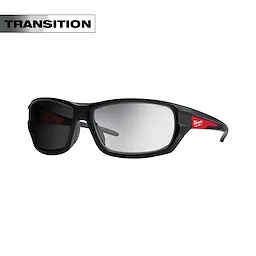 Transition Performance Safety Glasses with a black and red frame and clear lenses for eye protection, shown partially.