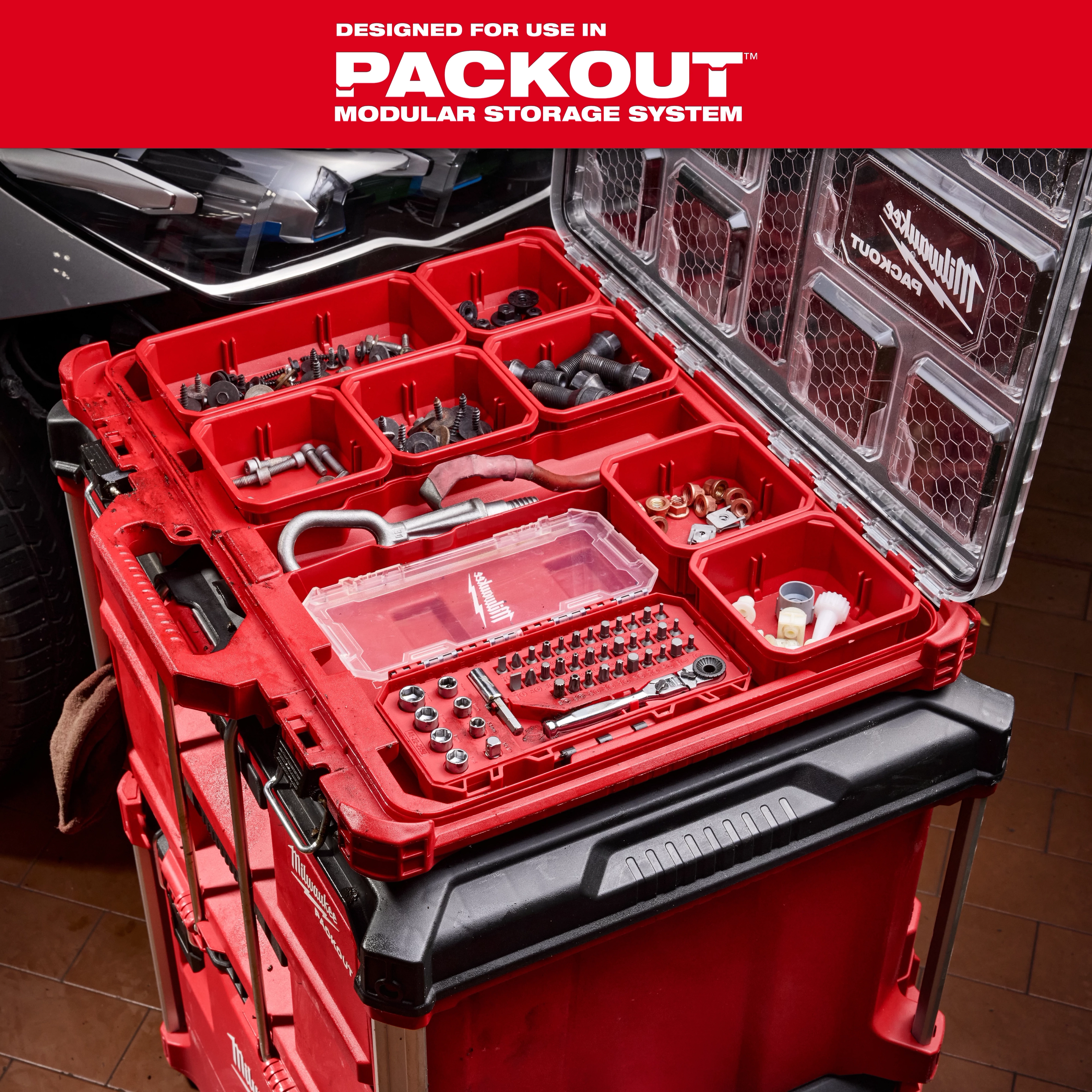 44pc. 1/4” Hex Drive Mini Flex Head Ratchet & Bit Set organized in a red modular storage case with open compartments.