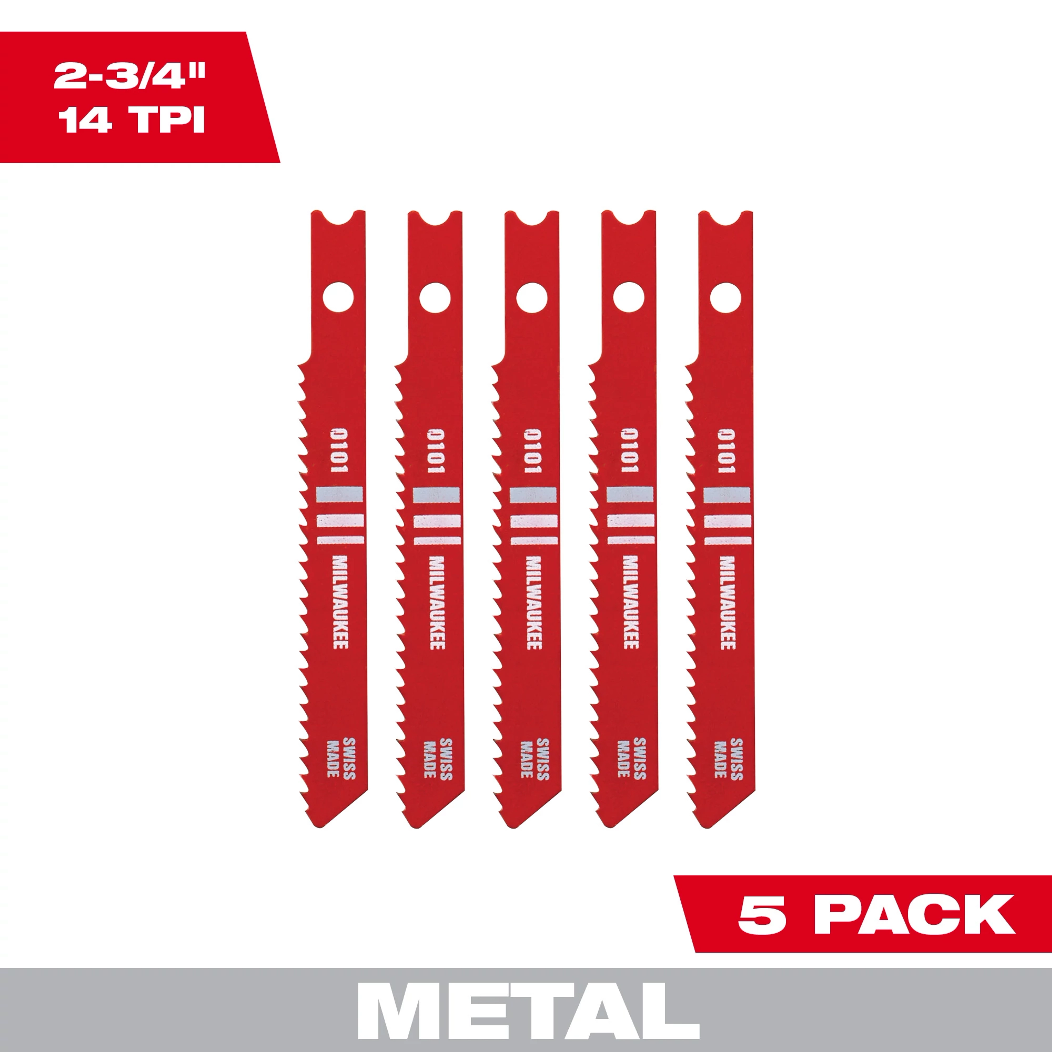 Five red 2-3/4" 14TPI U-Shank metal high-speed steel jig saw blades are displayed vertically. Packaging states "5 Pack" and "Metal."
