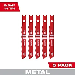 Five red 2-3/4" 14TPI U-Shank metal high-speed steel jig saw blades are displayed vertically. Packaging states "5 Pack" and "Metal."