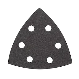 Milwaukee OMT Blades, 120 Grit Sandpaper pack, contains six triangular sheets each with six holes for dust extraction.