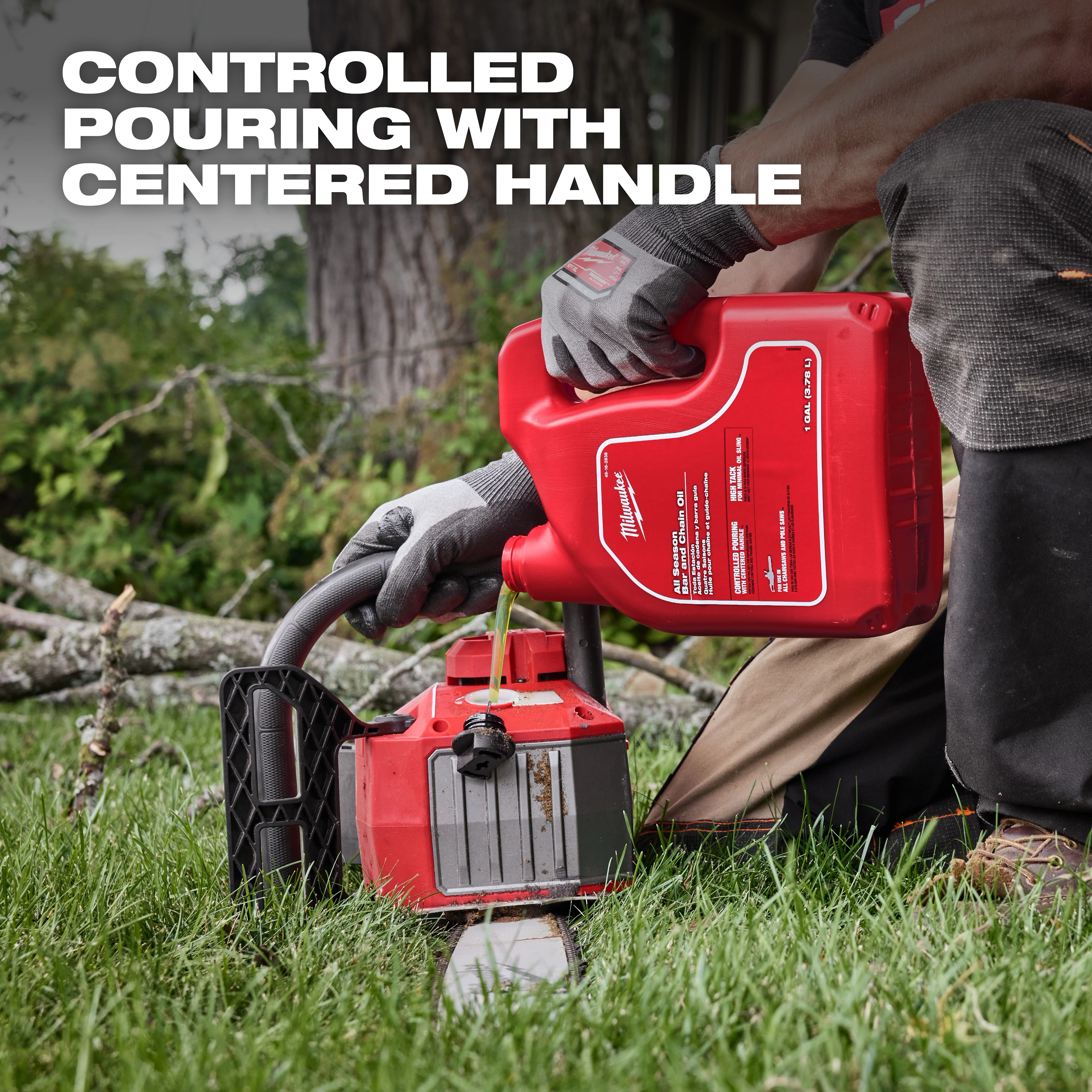 A person wearing gloves pours Milwaukee Tool All-Season Bar and Chain Oil from a red container into a chainsaw. Text on the image reads, "Controlled pouring with centered handle."