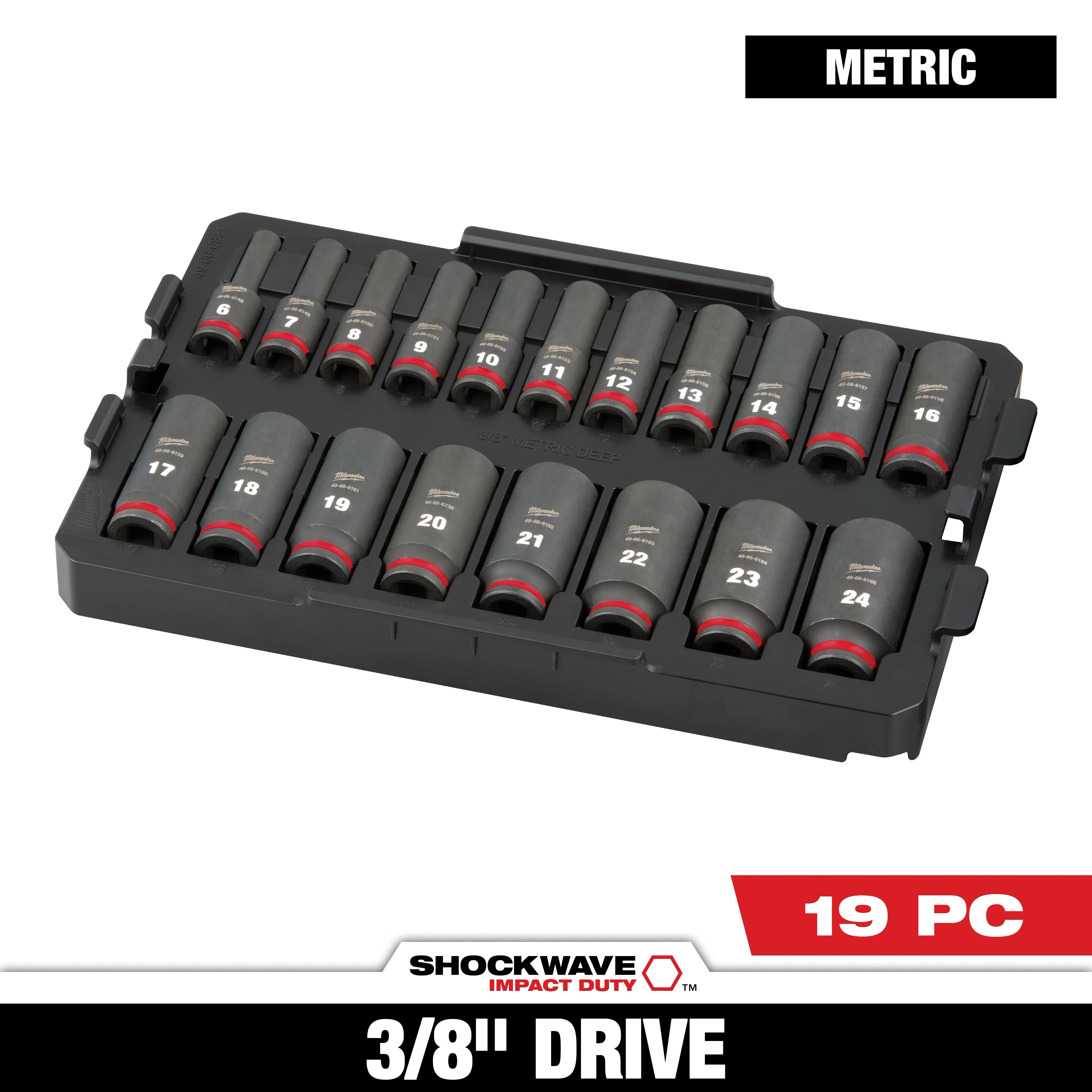 The SHOCKWAVE Impact Duty 3/8 in. Drive Metric Deep Well Impact Socket Set features 19 pieces in a black plastic case. Each socket is labeled with its size, ranging from 6 to 24 millimeters, and has a red ring near the base.
