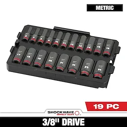 The SHOCKWAVE Impact Duty 3/8 in. Drive Metric Deep Well Impact Socket Set features 19 pieces in a black plastic case. Each socket is labeled with its size, ranging from 6 to 24 millimeters, and has a red ring near the base.