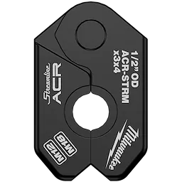 The 1/2" Streamline® ACR Pivoting Press Ring is a black pivoting press ring tool with white markings and labels. It features a central opening and branding from Streamline and Milwaukee. The tool is used for pressing ACR fittings and has specifications including "1/2" OD ACR-STRM x3x4" and "M12 M18."