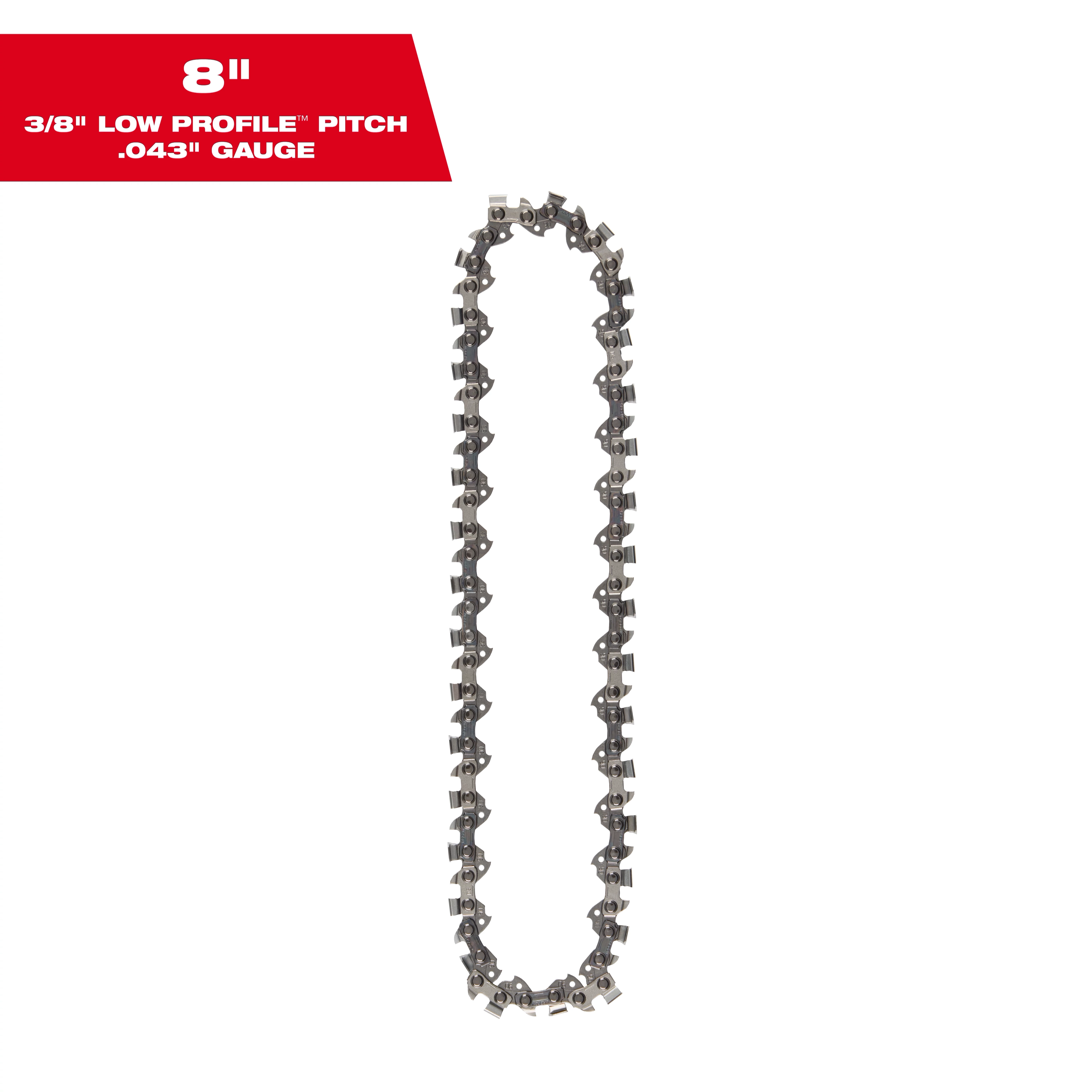 An 8-inch chainsaw chain with specifications labeled in a red box in the top left corner, indicating a 3/8" low profile pitch and a 0.043" gauge. The chain is shown looped in an oval shape against a white background.