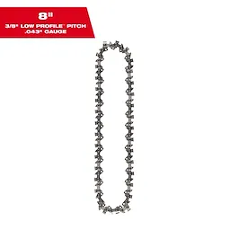 An 8-inch chainsaw chain with specifications labeled in a red box in the top left corner, indicating a 3/8" low profile pitch and a 0.043" gauge. The chain is shown looped in an oval shape against a white background.