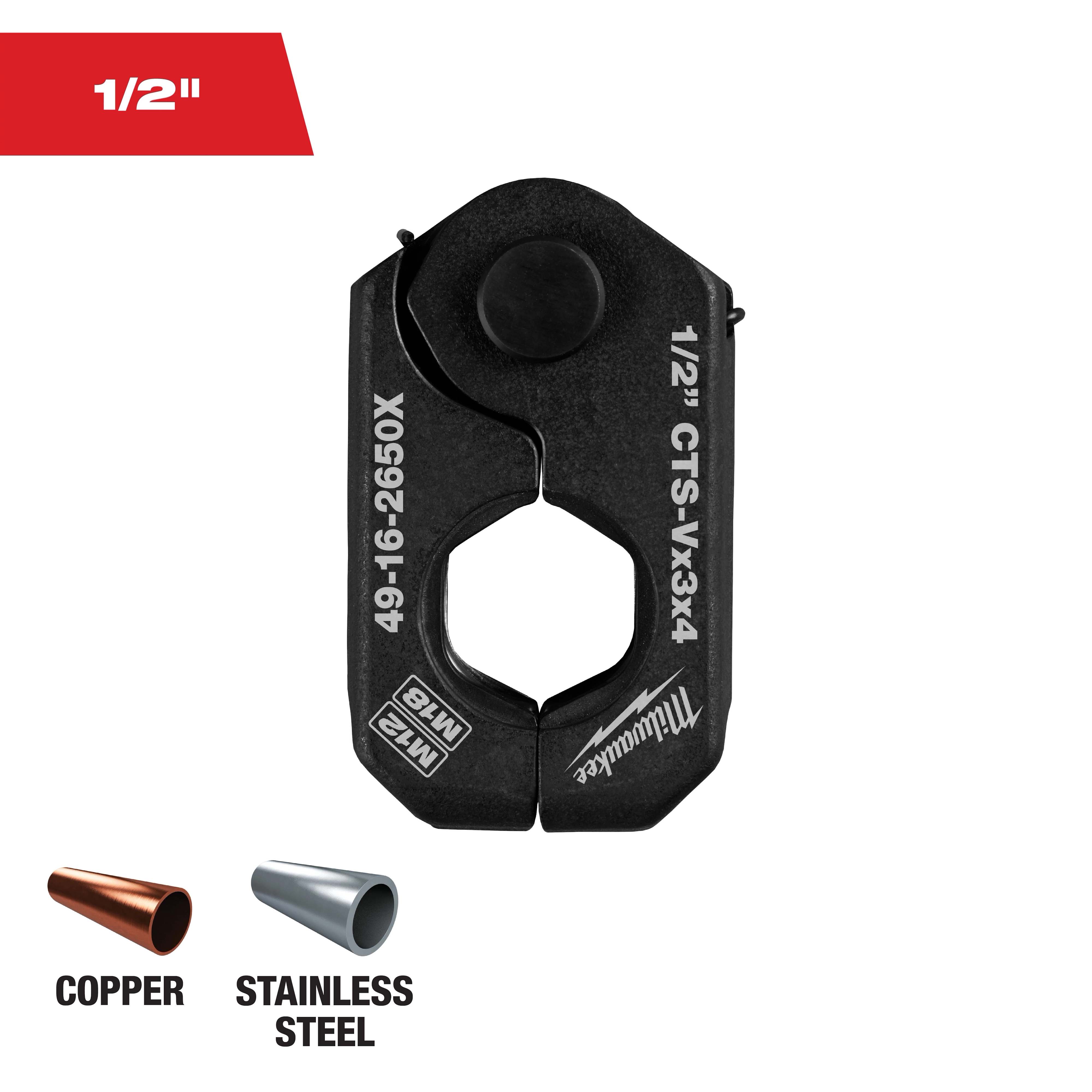This image shows a Milwaukee 1/2" CTS-VX3X4 cutting tool designed for copper and stainless steel pipes. The tool is black with model numbers 49-16-2650X and M12 written on it.