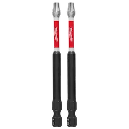 The image shows two red and black SHOCKWAVE™ 3-1/2" Impact Duty T25 Bits (2 Pk) from Milwaukee. They have a T25 Torx head and are designed for impact drivers.
