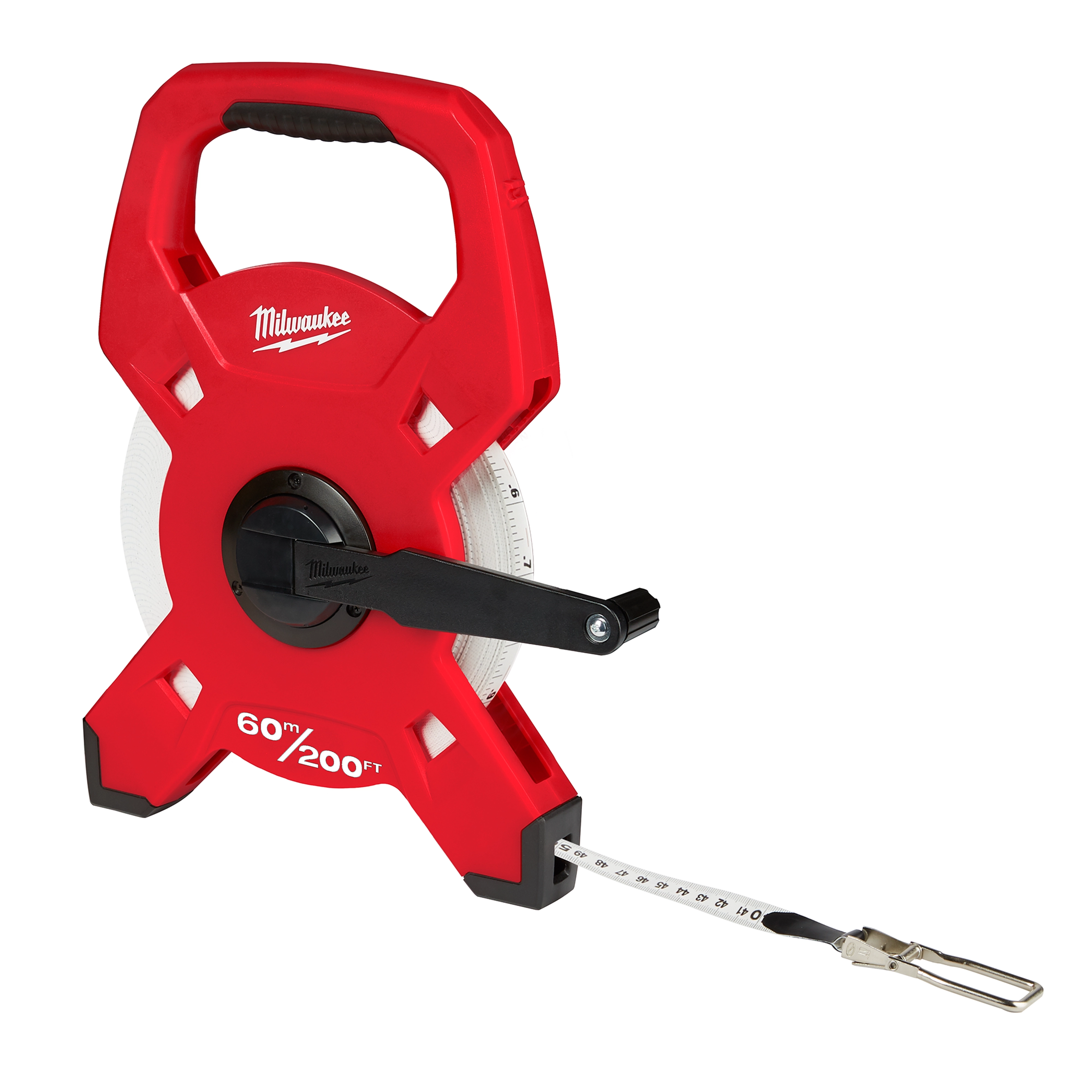 Red 60m/200ft Fiberglass Long Tape with black handle and crank, and metal clip at the end of the white measuring tape.