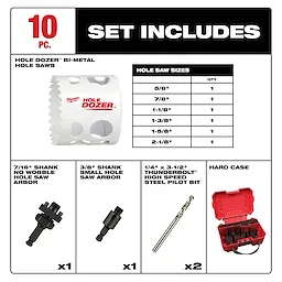 Image showing a 10-piece set of "Hole Dozer" bi-metal hole saws by Milwaukee. The set includes various hole saw sizes, two 1/4" x 3-1/2" Thunderbolt high-speed steel pilot bits, a 7/16" and 3/8" shank hole saw arbor, and a hard case to store the components.