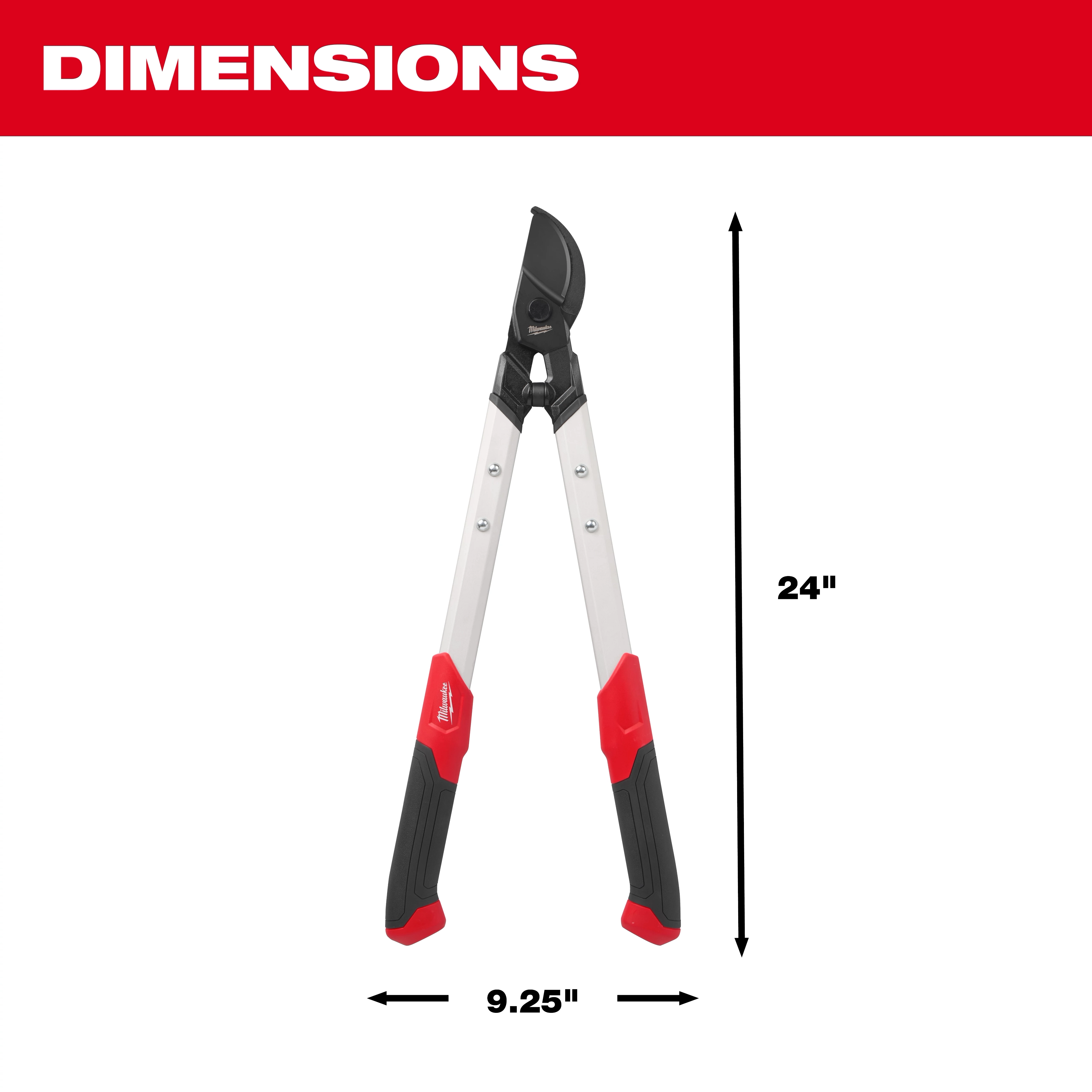 1-1/2” Lopper with long handles shown upright, labeled 24 inches tall and 9.25 inches wide.