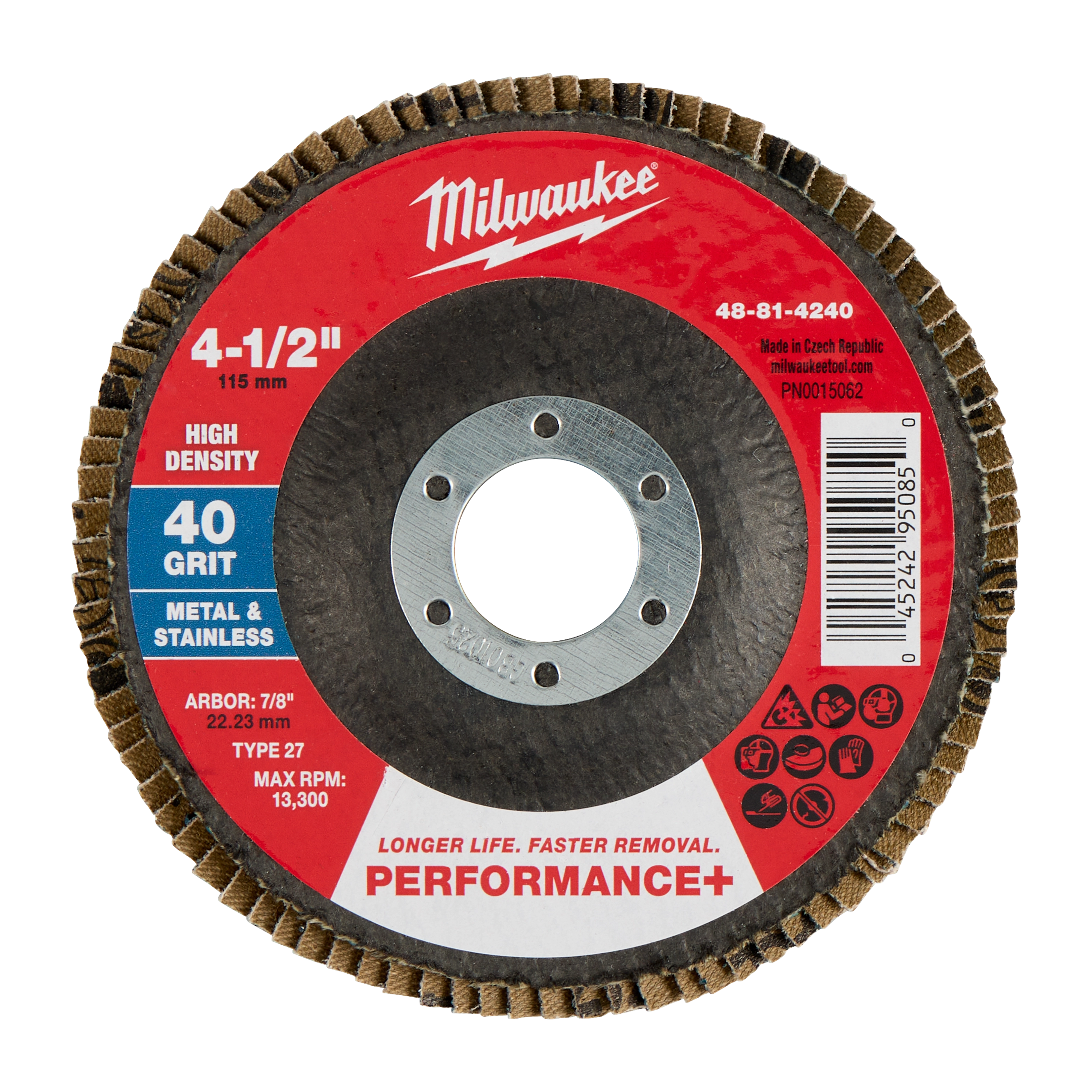4-1/2" x 7/8" 40 Grit Performance+ High Density Flap Disc - Type 27 with abrasive flaps around a circular metal center.