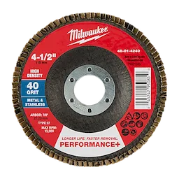 4-1/2" x 7/8" 40 Grit Performance+ High Density Flap Disc - Type 27 with abrasive flaps around a circular metal center.