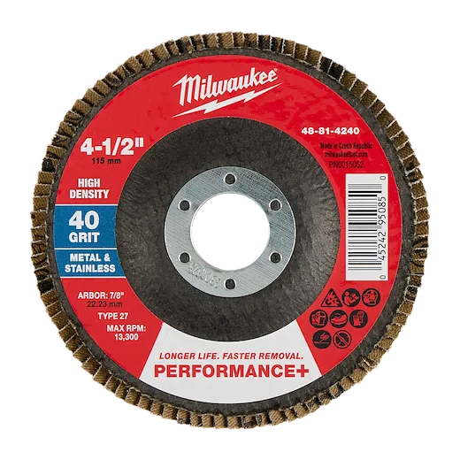 4-1/2" x 7/8" 40 Grit Performance+ High Density Flap Disc - Type 27 with abrasive flaps around a circular metal center.