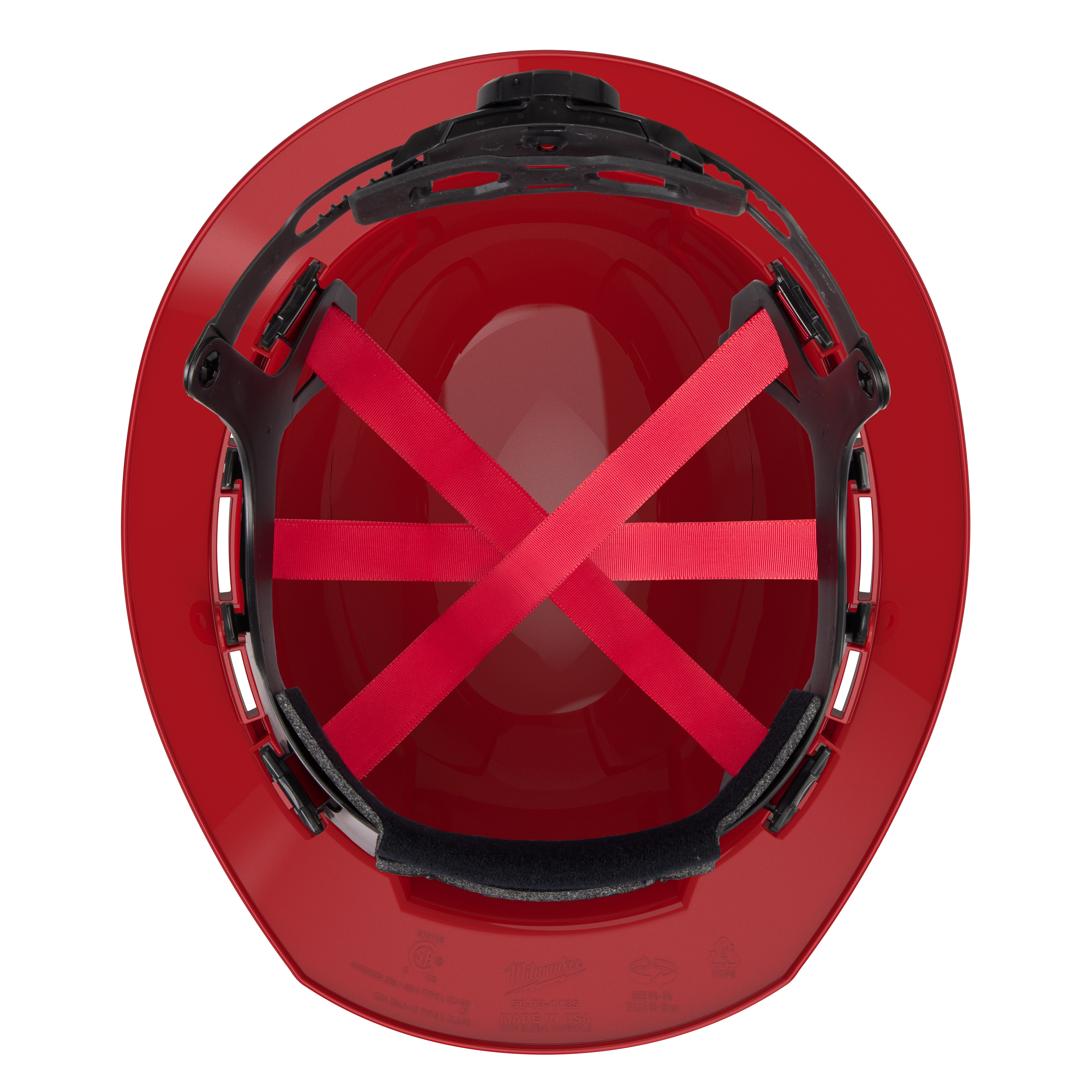 The BOLT Red Full Brim Hard Hat w/6pt Ratcheting Suspension (USA) - Type 1, Class E offers a top-down view detailing its internal ratcheting suspension system with red cross straps. The suspension is adjustable for a secure and comfortable fit.