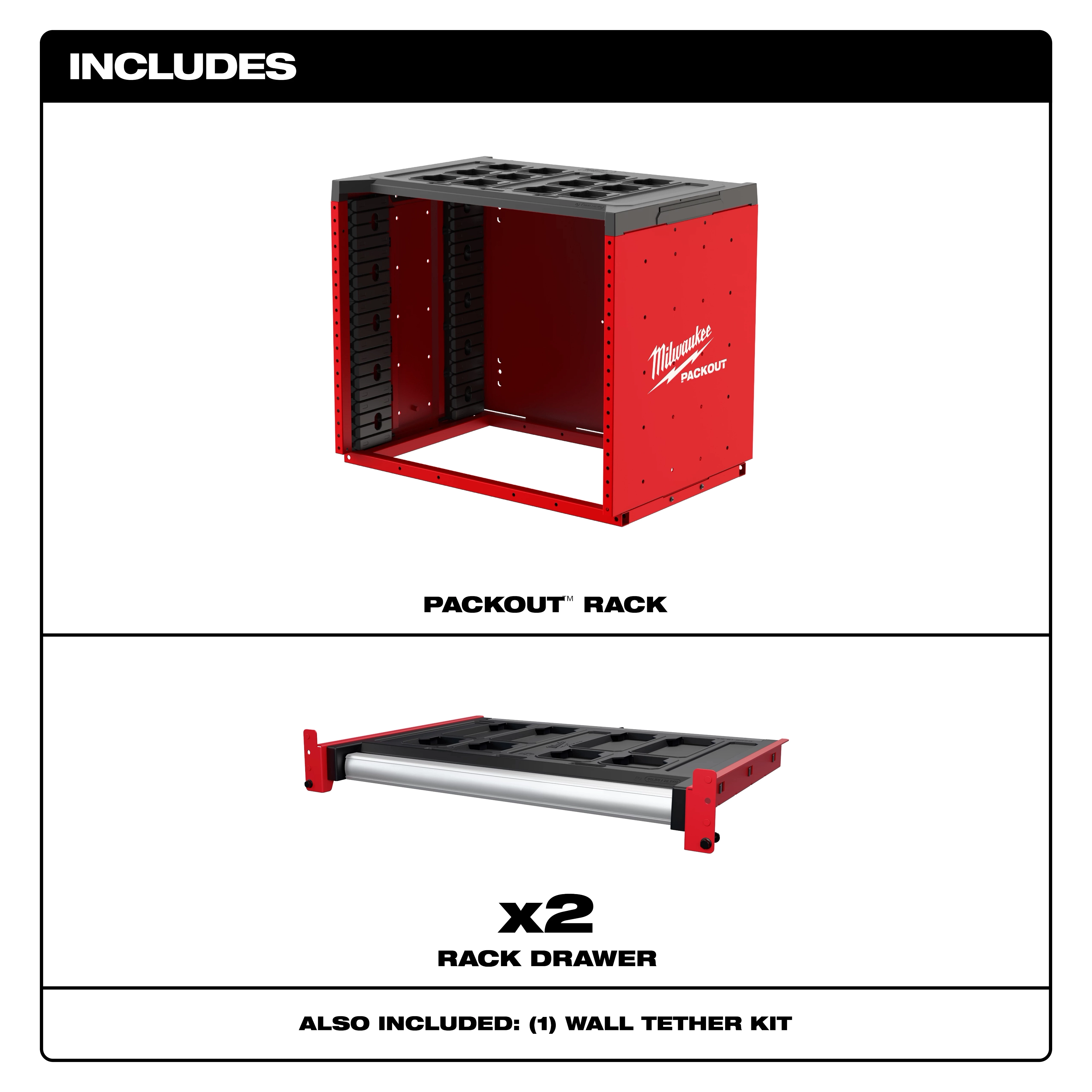The PACKOUT™ Rack includes a red storage rack, two rack drawers, and one wall tether kit. The rack is designed by Milwaukee and provides modular tool storage with customizable options to organize tools and accessories efficiently. The drawers slide into the rack for added convenience.