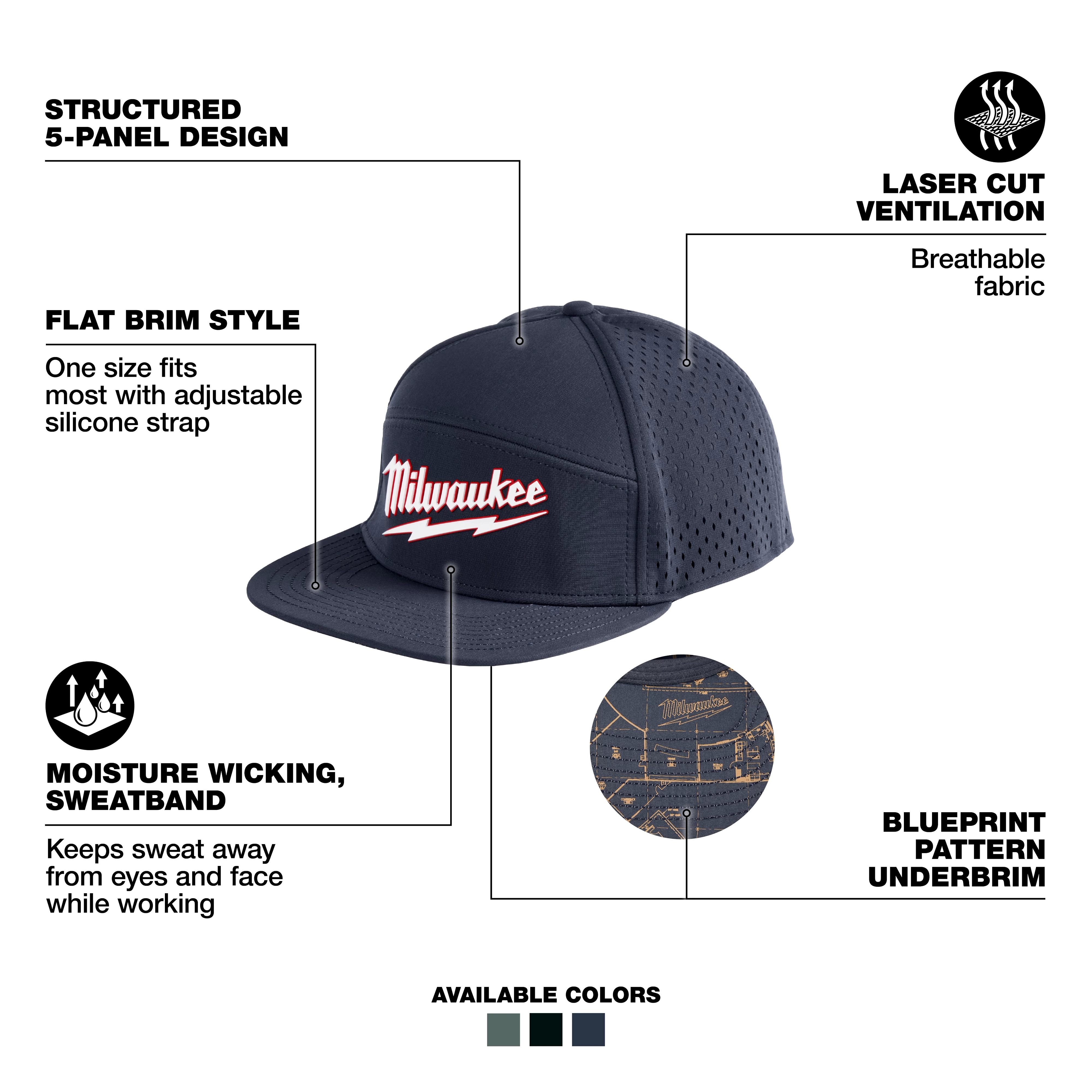 Flat Brim Snapback with a structured 5-panel design, laser cut ventilation, moisture-wicking sweatband, and blueprint pattern underbrim.