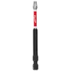 The image shows a SHOCKWAVE™ 3-1/2" Impact Duty TORX® T25 Power Bit by Milwaukee. It has a silver tip, a red and white body with the Milwaukee logo, and a black base with a hexagonal shape.