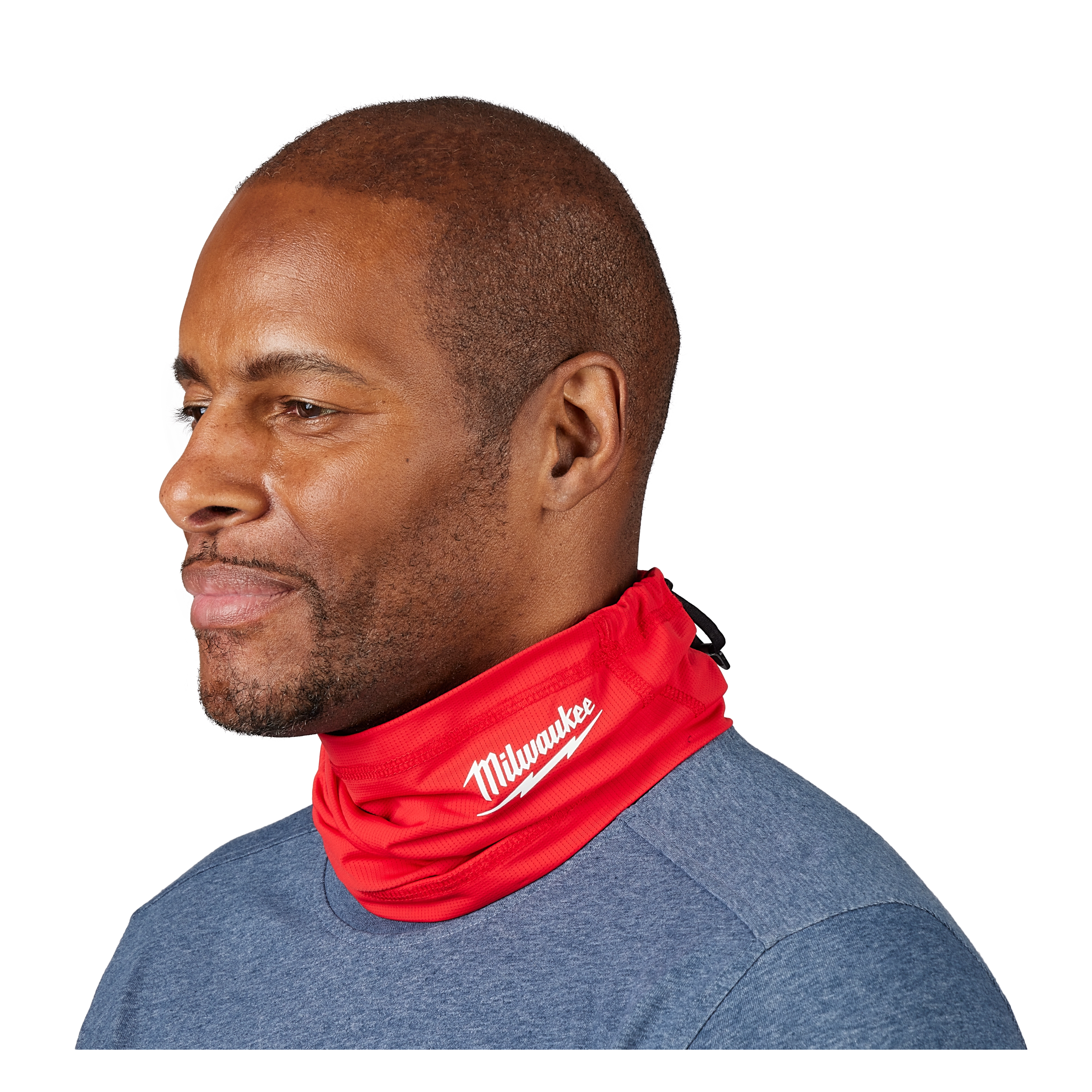 Red WORKSKIN Performance Neck Gaiter worn around a person's neck, featuring the Milwaukee logo in white on the right side.