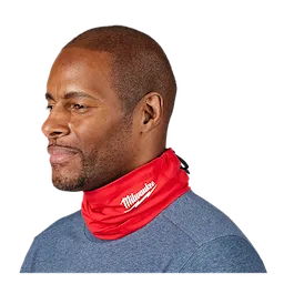 Red WORKSKIN Performance Neck Gaiter worn around a person's neck, featuring the Milwaukee logo in white on the right side.