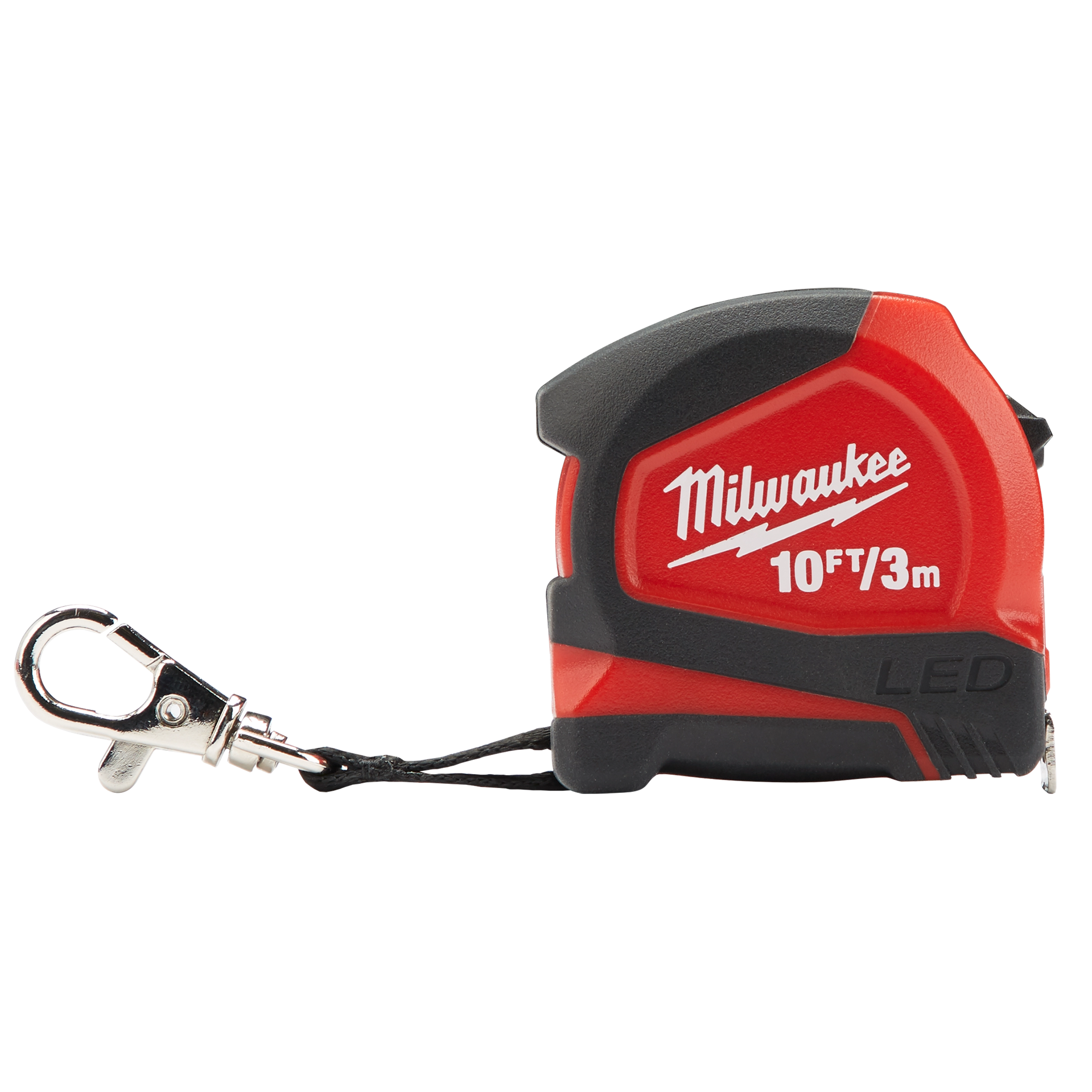 Red and black 10ft/3m keychain tape measure with LED light, featuring a metal clasp for easy attachment.