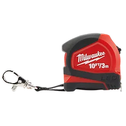 Red and black 10ft/3m keychain tape measure with LED light, featuring a metal clasp for easy attachment.
