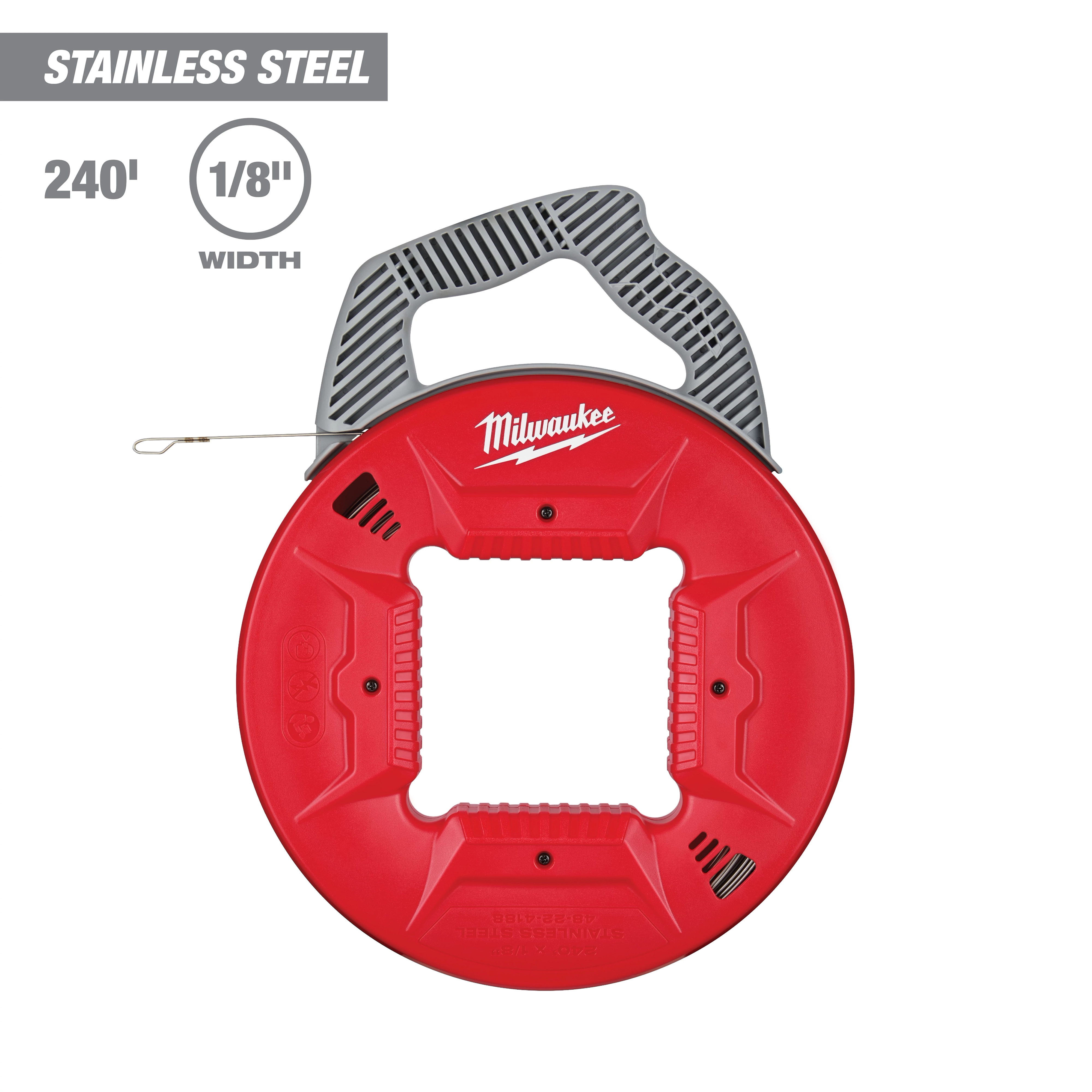 120' Stainless Steel Fish Tape with 1/8" width, featuring a durable red reel and a gray ergonomic handle. Capacity: 240 feet.