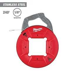 120' Stainless Steel Fish Tape with 1/8" width, featuring a durable red reel and a gray ergonomic handle. Capacity: 240 feet.