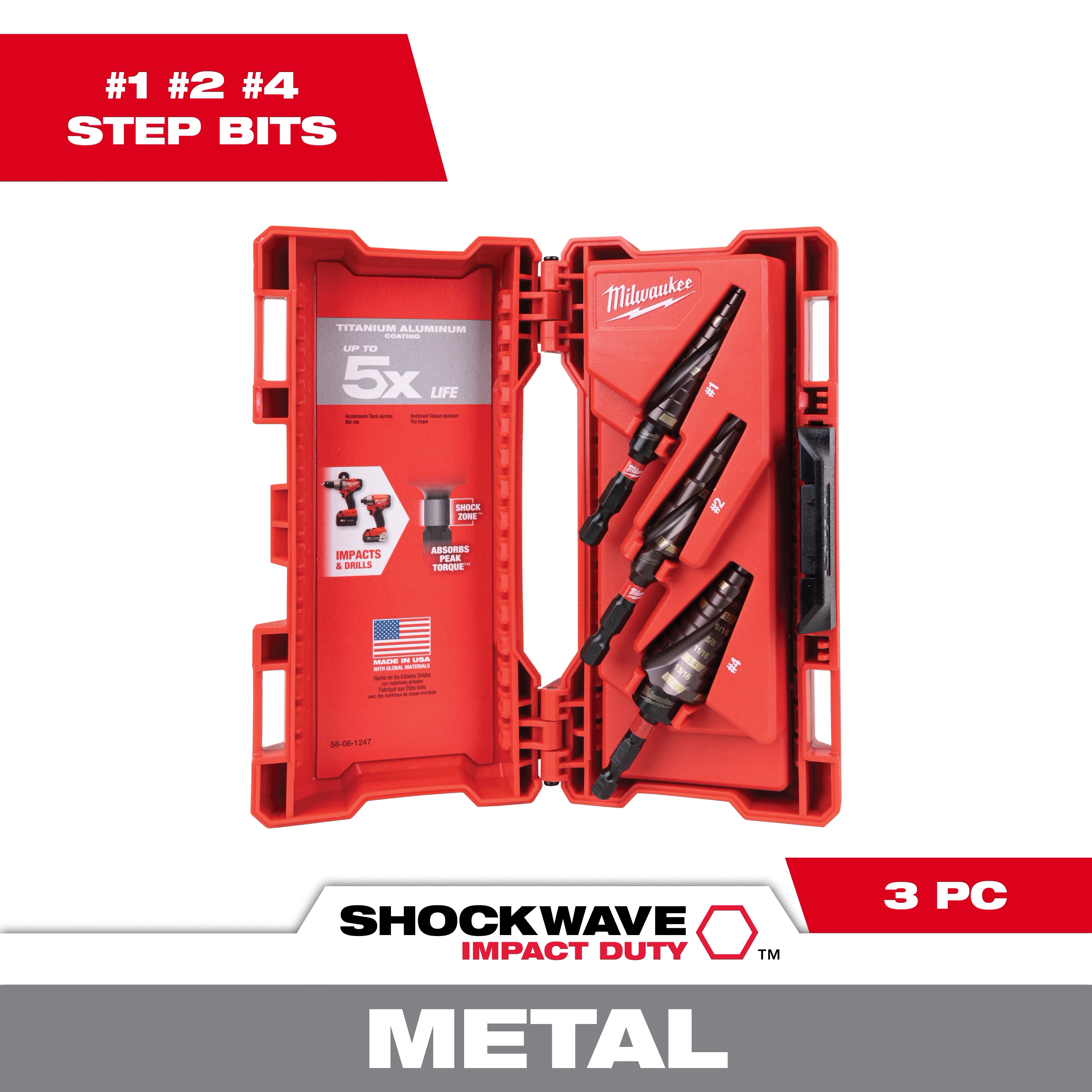The 48-89-9257 SHOCKWAVE Impact Duty Step Bit 3 PC Set comes in a red case and includes three metal step drill bits. The set is designed for impact duty and features a 5X longer life with titanium aluminum coating.