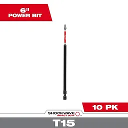 This image displays one SHOCKWAVE™ Impact Duty 6" TORX® T15 Power Bit from a 10-pack. The bit is black with a red label and designed for high-performance applications. It is shown at the center with text indicating "6'' Power Bit," "Shockwave Impact Duty," and "10 PK T15" around it.