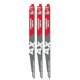 Three 12" AX™ SAWZALL® Blades for Wood with Nails (3 PK) are displayed. Each blade has 5 teeth per inch, carbide teeth, and features red and gray colors with the American flag on the packaging.