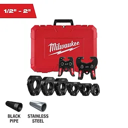 Red carrying case with pivoting press rings, compatible from 1/2" to 2" for M18 FORCE LOGIC Press Tools, including black pipe and stainless steel.