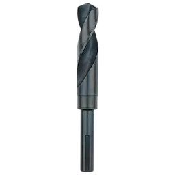 Close-up of a 25/32" S&D black oxide drill bit featuring a spiral design and cylindrical shank for efficient drilling.