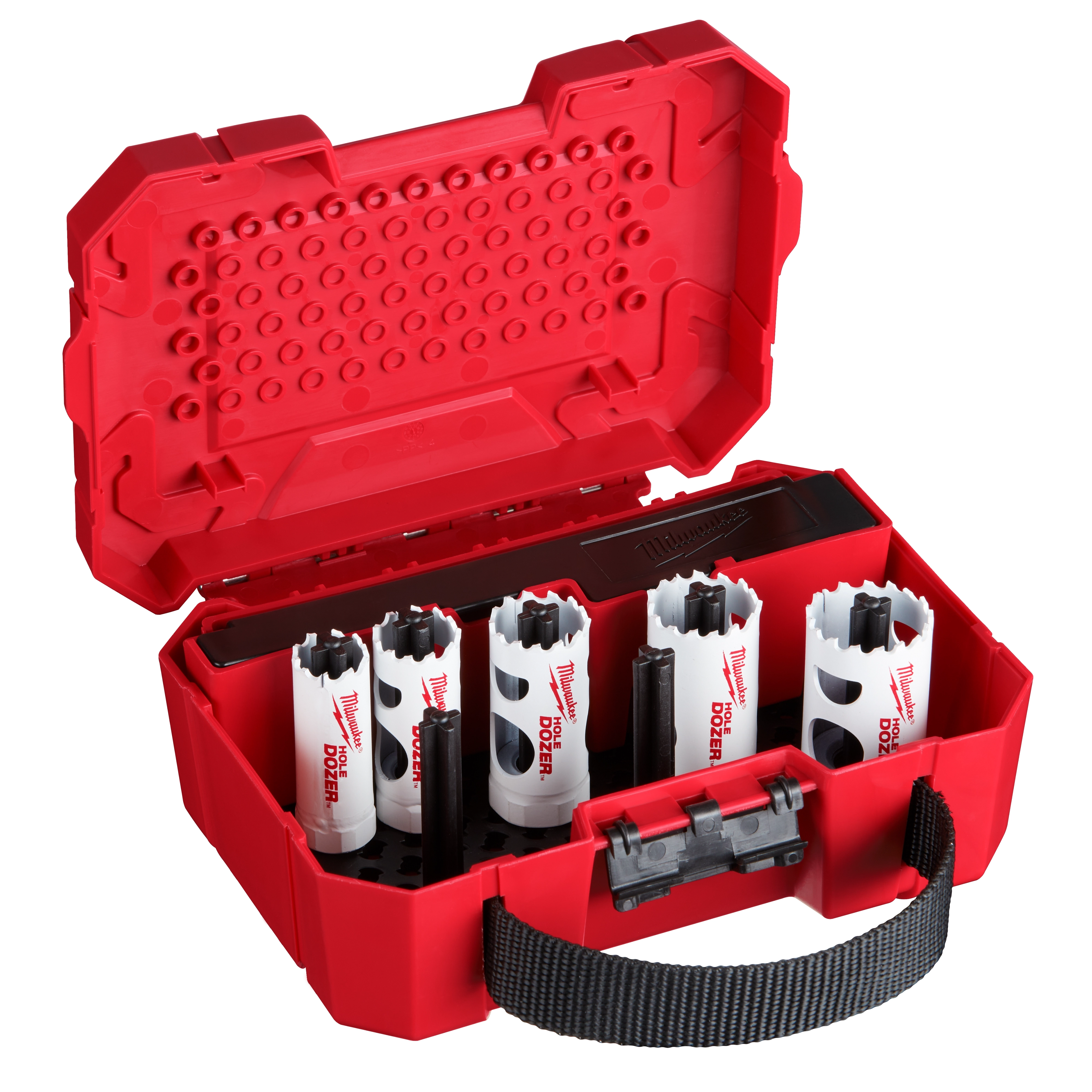 Red carrying case containing 7 PC HOLE DOZER AUTO KIT white circular saw blades and drill bits, designed for various drilling applications.