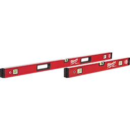 Three red Milwaukee REDSTICK levels of different lengths are aligned diagonally. Each level has a black handle and yellow bubble vials.