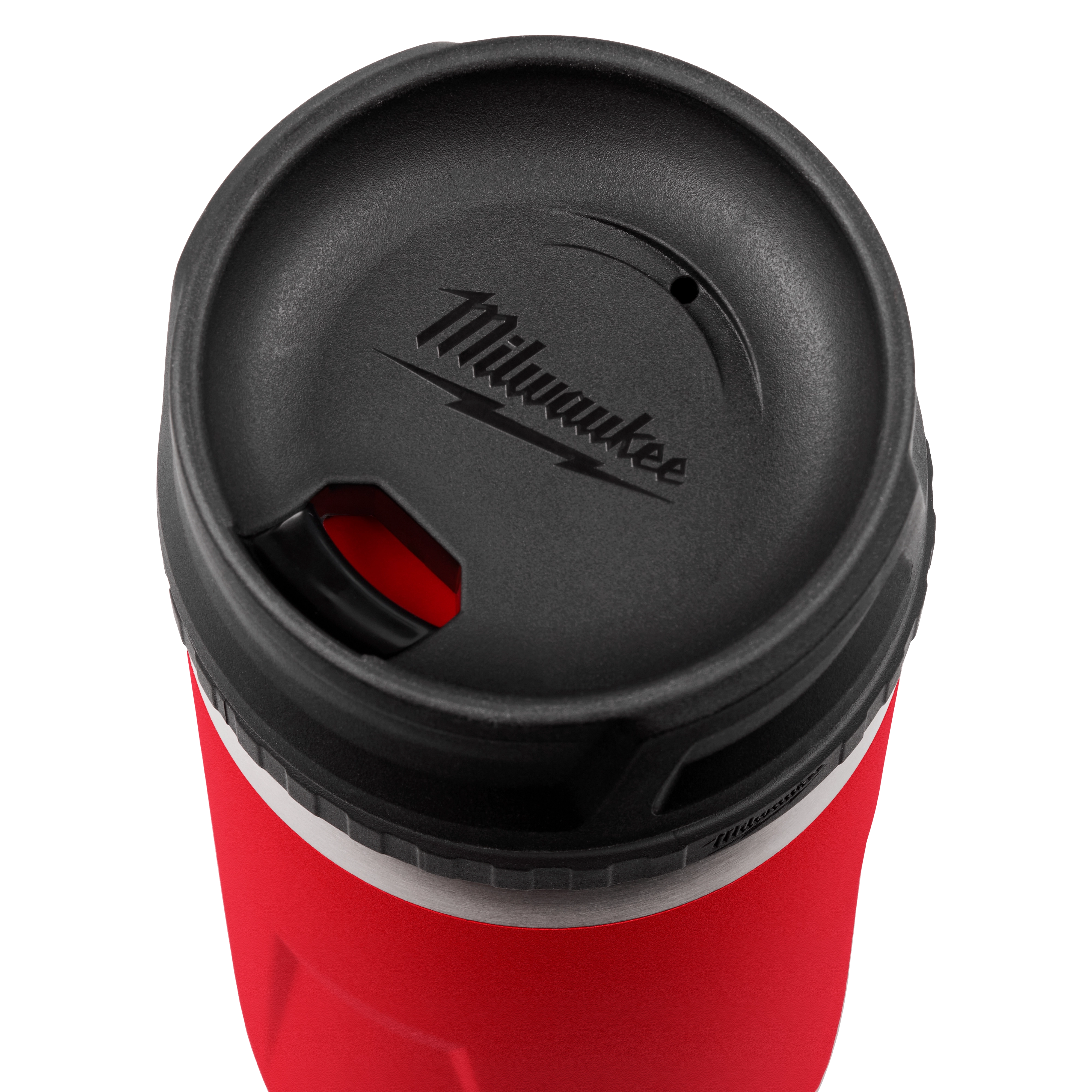 Milwaukee PACKOUT™ Sip Lid for Insulated Bottles is shown. The lid is black with a sipping hole and air vent. It is attached to a red insulated bottle. The Milwaukee logo is prominently displayed on the top of the lid.