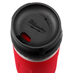 Milwaukee PACKOUT™ Sip Lid for Insulated Bottles is shown. The lid is black with a sipping hole and air vent. It is attached to a red insulated bottle. The Milwaukee logo is prominently displayed on the top of the lid.