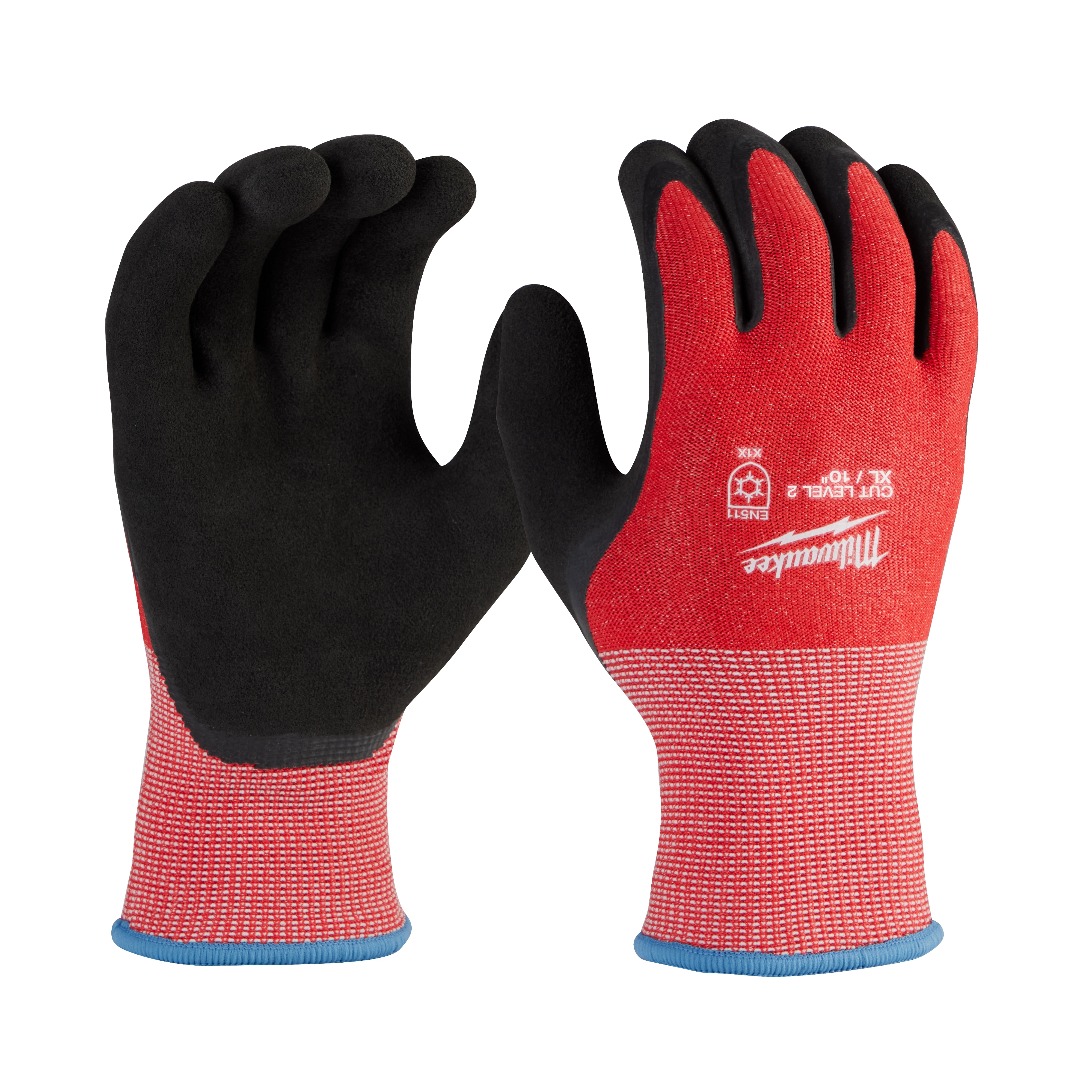 Cut Level 2 Winter Dipped Gloves - XL, featuring red fabric with black palms and blue trim, designed for safety and warmth.