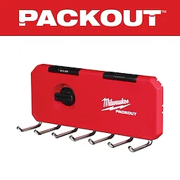 The PACKOUT 7-Hook Rack by Milwaukee is a red wall-mounted organizer featuring seven sturdy hooks for hanging tools.